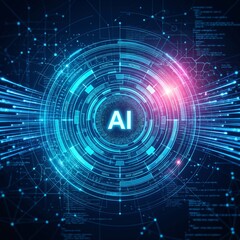 Obraz premium AI technology core, AI digital network, AI futuristic background, artificial intelligence portal, glowing blue rings, digital data stream, advanced computer system, high tech interface, cyber space