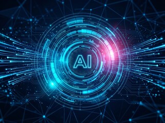 Fototapeta premium AI technology core, AI digital network, AI futuristic background, artificial intelligence portal, glowing blue rings, digital data stream, advanced computer system, high tech interface, cyber space