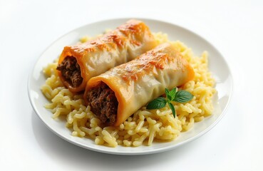 Fototapeta premium Two stuffed cabbage rolls served on white plate with rice, mint leaf garnish. Savory dish features ground meat, rice filling wrapped in tender cabbage leaves, cooked in light sauce. Meal delicious