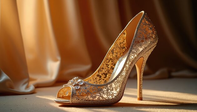 Elegant gold high heel shoe with intricate lace pattern and sparkling jewels. Open toe design reveals delicate details. Perfect for formal events or luxury fashion shoots.