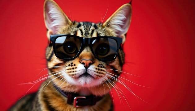 Tabby cat wears black square glasses and a collar. Feline poses against a vivid red backdrop. Close up face shot, studio setting, whiskers prominent.