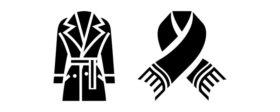 Apparel icons showing a double-breasted coat and a wrapped scarf, representing outerwear and cold-weather clothing.