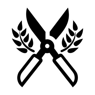 Crossed garden shears with laurel leaves, bold black silhouette centered on white background, symmetrical logo-style icon, front view.