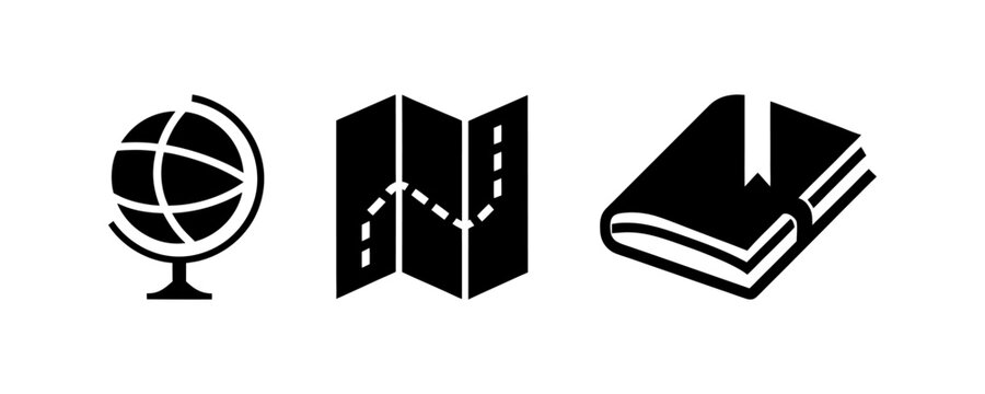 Travel icon set with globe, folded map and book, simple black symbols arranged horizontally.