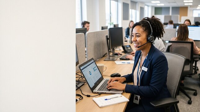Young professional woman working at computer station - female IT specialist focused on multiple monitors in modern tech office environment