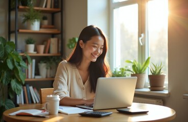 Fototapeta premium Asian woman smiles working on laptop at home. Female enjoys remote work with coffee cup and calculator near window. Home office setup with plants and books.