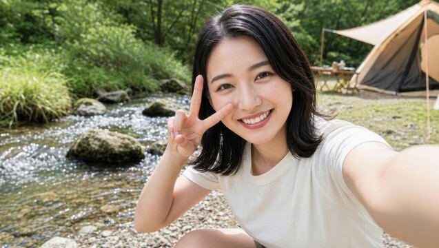 川辺のキャンプ場で笑顔でピースサインをして自撮りする女性