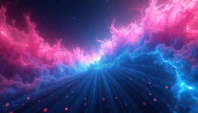Vibrant nebula clouds in deep space swirl with electric blue and hot pink light. Cosmic dust particles and bright light rays create ethereal, glowing abstract background for science or fantasy themes.
