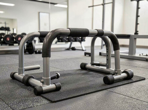 A modern gym area featuring various exercise machines and free weights
