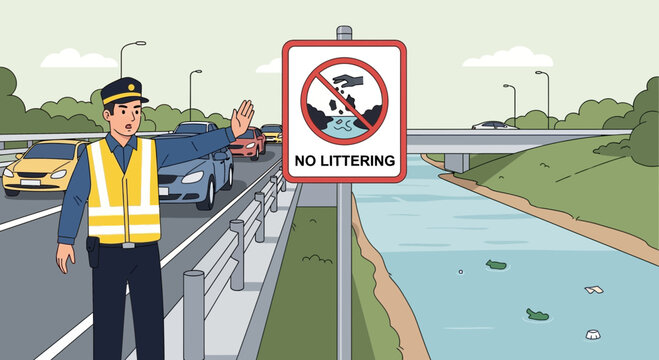 Man pointing to no littering sign.