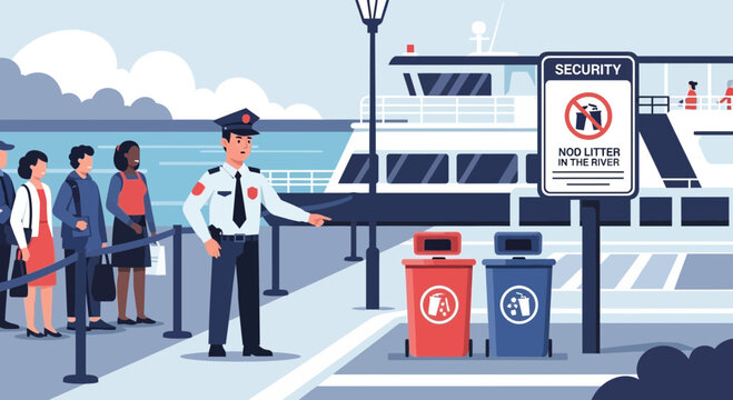 Security guard at ferry terminal gate.