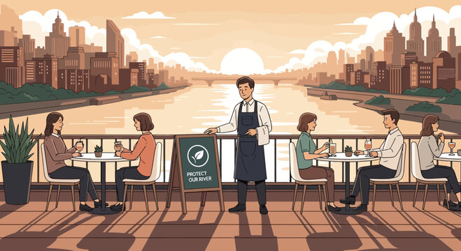 Waiter standing on outdoor restaurant patio.