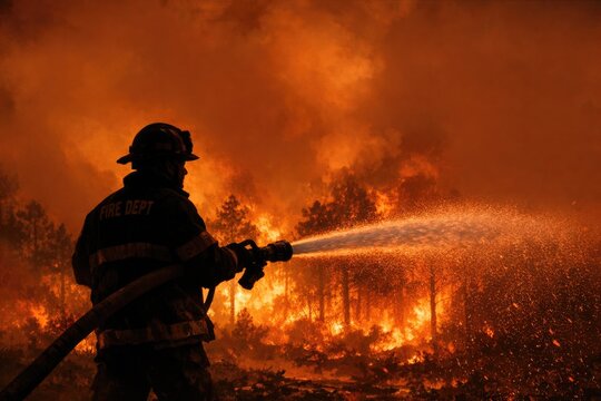 A firefighter in action, spraying water to extinguish a fire