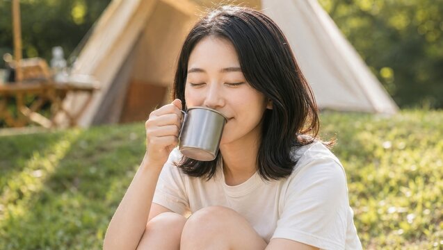 キャンプ場の芝生に座り目を閉じて飲み物を味わう女性