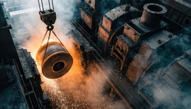 Medium shot of overhead crane skillfully lifting heavy roll set through mill window during roll change operation in bustling hot strip mill environment.