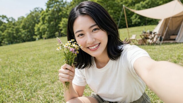 キャンプ場の芝生で野花を手に持ち笑顔で自撮りする女性