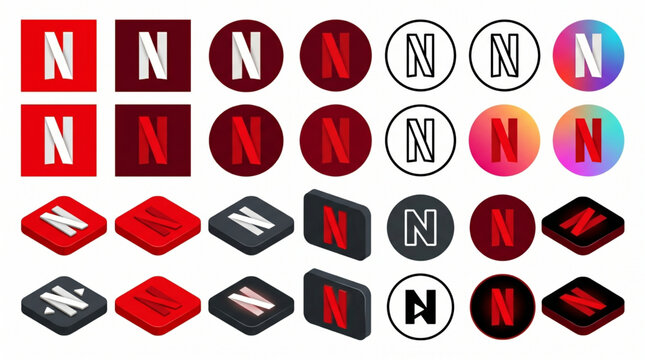 Netflix social media icons button collection. social media logo set, 3d isometric netflix icons, red and black app buttons, circle and square symbols for web and mobile ui design vector