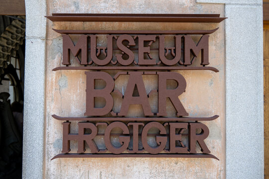 Gruyeres, Switzerland - 13 Jul 24: Museum Bar HR Giger sign on wall, Gruy&egrave;res Switzerland