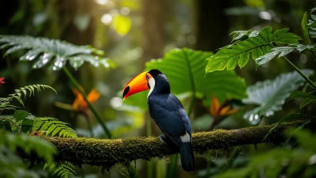 Toucan Perches On Mossy Branch In Lush Tropical Rainforest Surrounded By Foliage With Sunlit Background For Nature-themed Illustrations