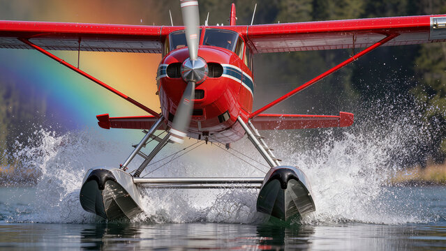 High-speed action shot of a red floatplane landing on Alaskan lake with water splash