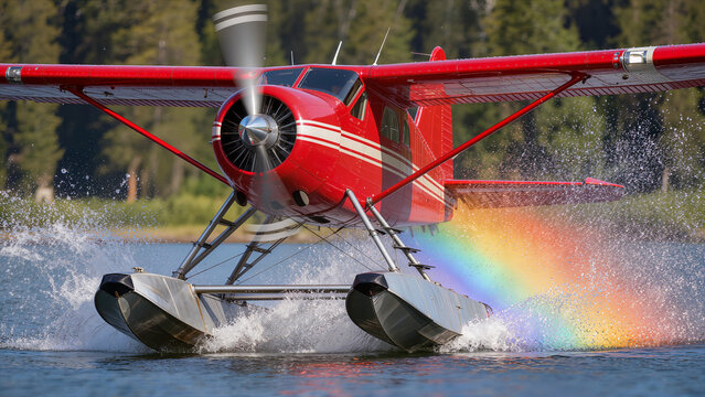 High-speed action shot of a red floatplane landing on Alaskan lake with water splash