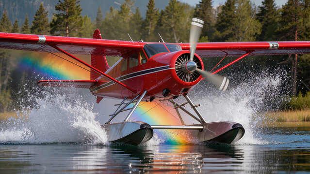 High-speed action shot of a red floatplane landing on Alaskan lake with water splash