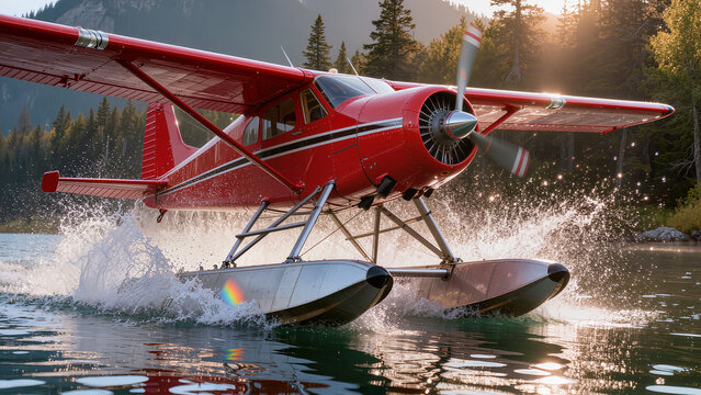 High-speed action shot of a red floatplane landing on Alaskan lake with water splash