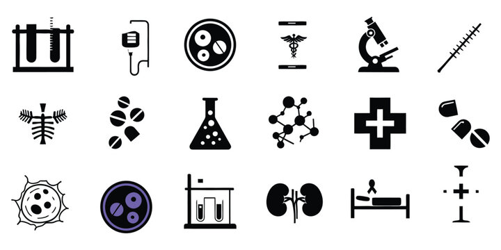 Collection of black scientific icons biology chemistry and medical instruments