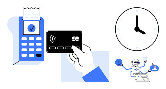 Contactless payment, financial technology, AI assistance, time management, digital transactions, retail automation. Hand holding card with payment terminal and receipt, clock, and AI robot helping