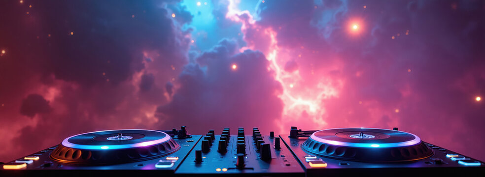 DJ setup with turntables against psychedelic sky. Neon lights glow on equipment for music production. Space nebulae and stars create vibrant atmosphere. Nightclub party vibe.