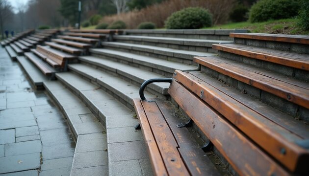 Empty wooden park benches arranged on wide stone stairs with wet pavement. Outdoor seating area has a calm, deserted atmosphere. The stpic are lined with green bushes and trees.