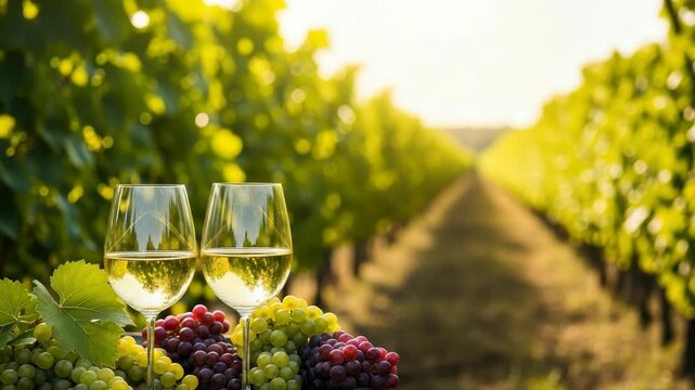 Two Glasses Of White Wine Are Showcased With Grapes On Barrel In Vineyard With Rows Of Vines In The Background Good For Wine Promotion Advertising Marketing