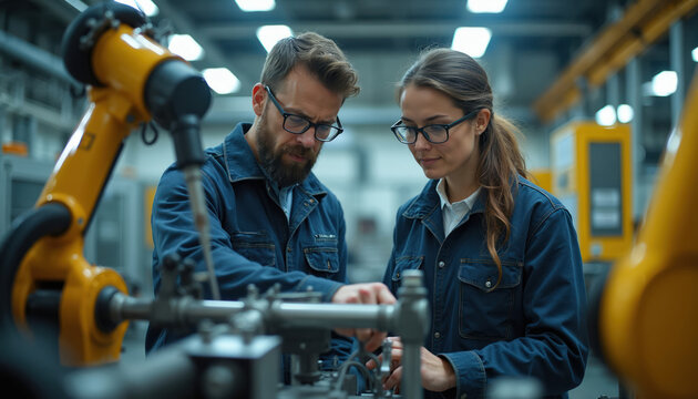 Two industrial engineers in safety glasses and blue workwear examine complex machinery. Focused man with beard and woman with ponytail collaborate on device maintenance in modern factory setting.