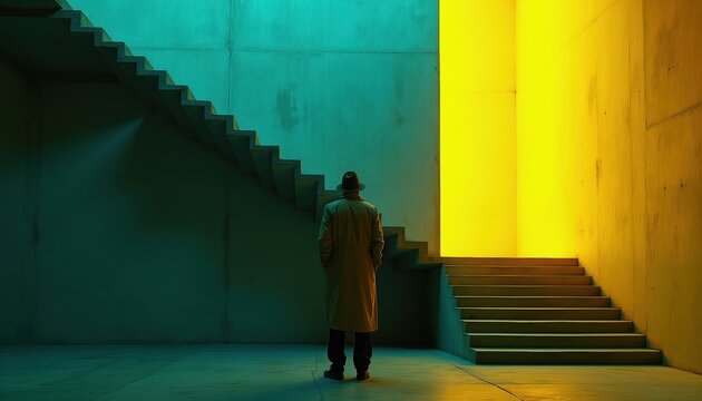 Man in coat and hat stands before stairs lit by contrasting yellow and teal lights. He appears to be contemplating ascent or descent, mystery and choice. Ambiguous journey beginning.