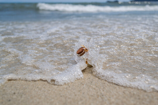 Message in a bottle in sea wave splash on sandy beach, concept of communication and hope
