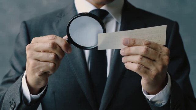Man in dark suit holds magnifying glass. He examines a small white paper card. His expression shows intense focus. The background is muted, textured gray. Ideal for business, investigation