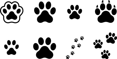 Fototapeta premium Simple collection of animal paw print silhouettes featuring various styles and sizes for creative graphic design projects and digital art creation purposes