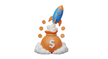 Fototapeta premium Vector illustration of 3d illustration of a rocket launching from a money bag on a transparent background