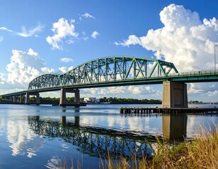 Obraz premium A large steel bridge spans a wide river, reflecting the vibrant blue sky and fluffy white clouds. The structure is painted green