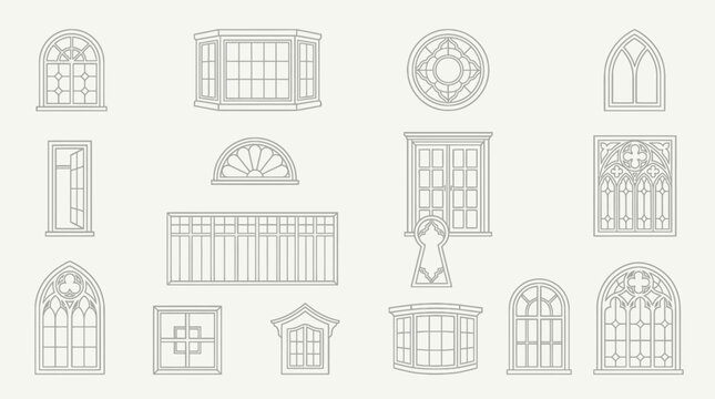 Extensive collection of diverse window and door architectural designs, detailed vector illustrations on a plain light background.