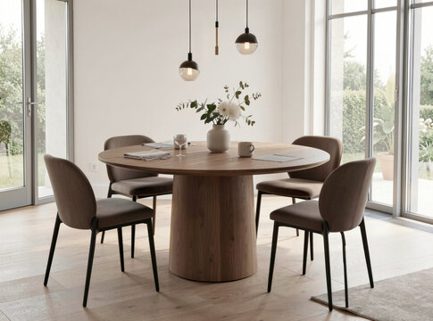 A traditional dining room setting with a table, chairs, and a vase of fresh flowers