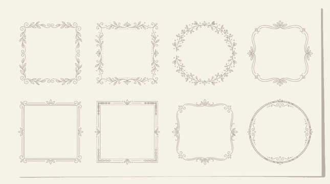 Set of elegant decorative frames and ornamental borders with floral details, vector illustration on a plain light background.