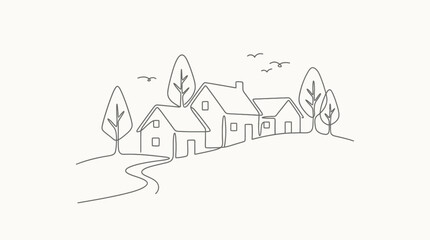 Continuous one line art drawing of a simple village scene with houses and trees on a bright background © Koko