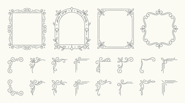 Elegant Line Art Decorative Frames and Corners with Square and Arched Shapes on Light Background