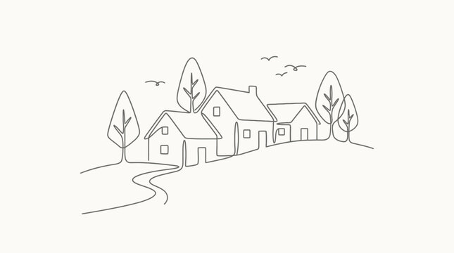 Continuous one line art drawing of a simple village scene with houses and trees on a bright background