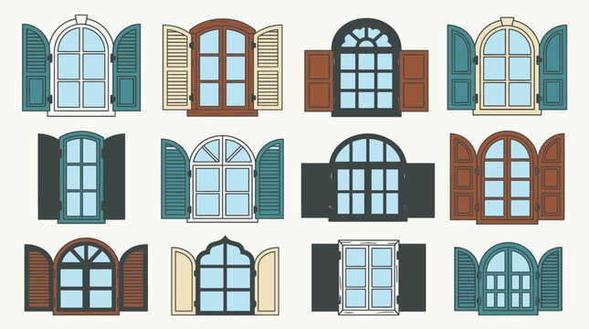 Set of colorful house windows with various open and closed shutters in different styles on isolated white background