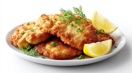Naklejka premium Crispy golden breaded schnitzel served with fresh lemon wedges and dill garnish