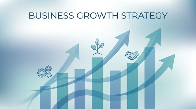 Illustrating a business growth strategy with upward trending charts and icons representing development and progress