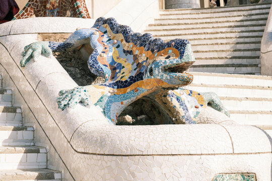 Colorful mosaic lizard sculpture in Park Guell Barcelona