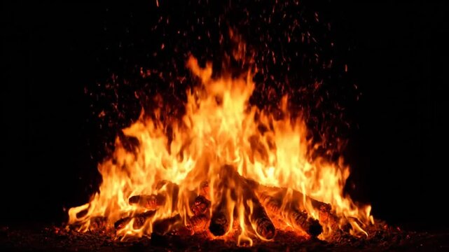 Bright and lively campfire burning with orange and yellow flames against a dark night backdrop creating a warm scene